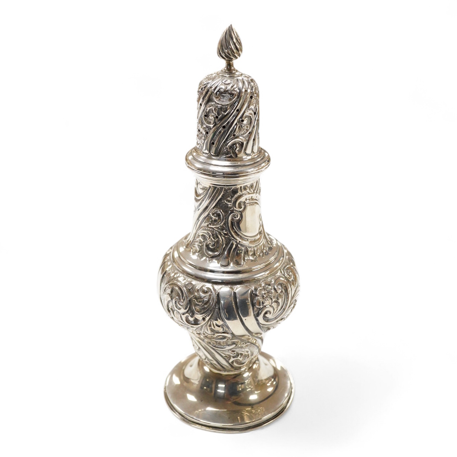 An Edwardian repousse silver sugar caster, by William Aitken, Birmingham, 1902, height 22.2cm, 5.8oz.